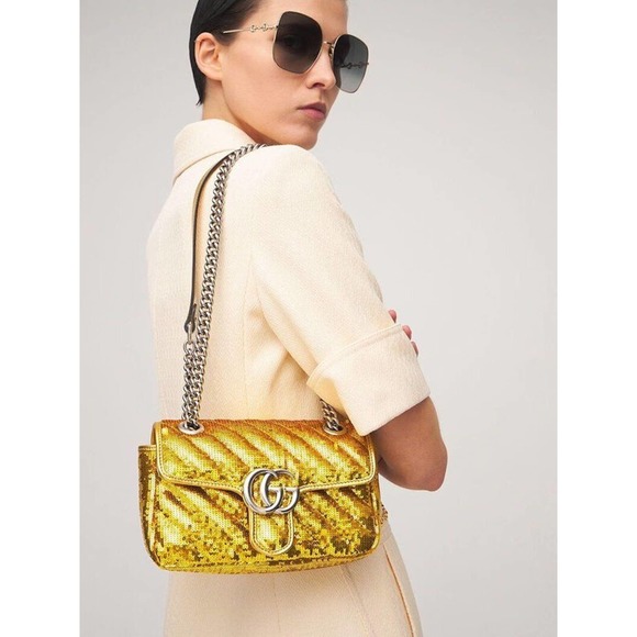 NEW! GUCCI MARMONT METALLIC SEQUIN GOLD  GG CROSSBODY BAG PURSE AUTHENTIC - Picture 2 of 15